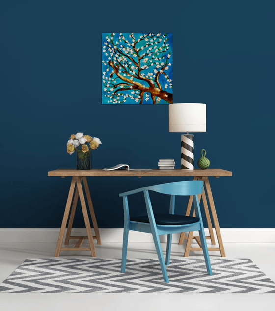 Almond blossom on turquoise inspired by Vincent Van Gogh oil painting ready to hang