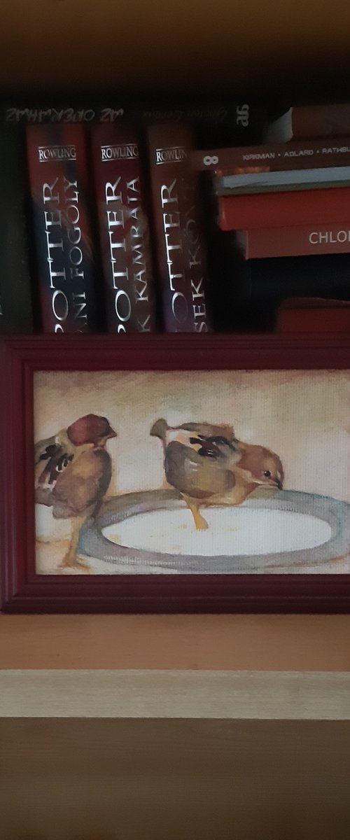 Two chicks with a tin plate by Viktória Déri