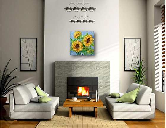 Sunflowers on Blue III - Original Floral Painting on Canvas, Palette Knife Art, Textured Impasto Artwork