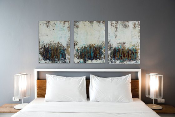 Beige and Gold Textured Art. Painting with Structures. Triptych