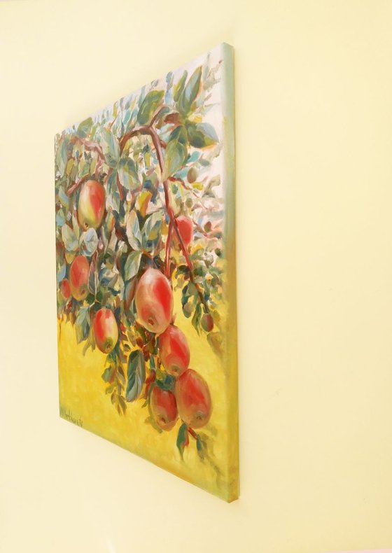 Apples on a branch.(Original oil painting of apple tree with fruits, canvas gallery wrapped ready to hung, gift idea, home decoration idea.)