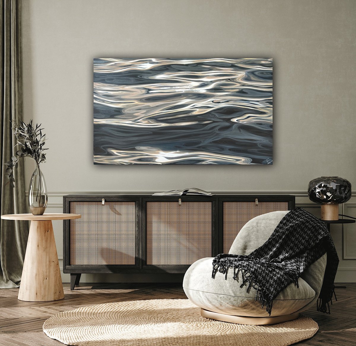 Photorealistic Landscape Oil Painting By Eva Volf, 60 X 36, Sun Calligraphy, Original Artwork