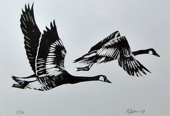 Birds in Flight Linocut, Pritned in Dark Brown, Geese Migrating, Print on Paper, Mounted