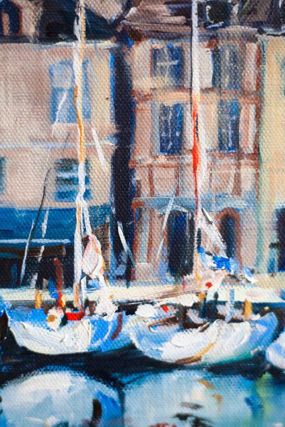 Honfleur harbor. Original oil painting medium size. France sea boats ships blue Normandy seascape reflections landscape impressionism