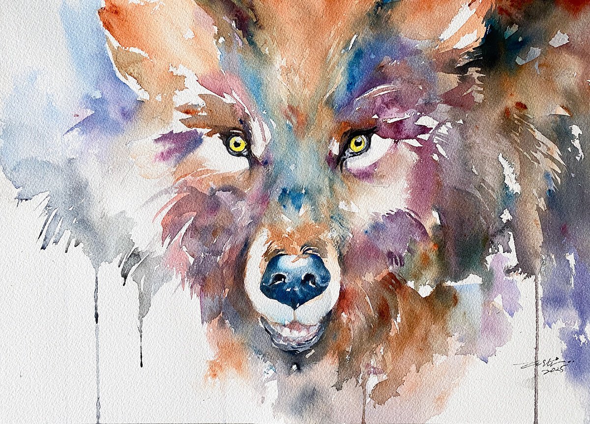 Impressionistic Animal Watercolour By Arti Chauhan, 17 X 13, Wolf Wallie, Original Artwork