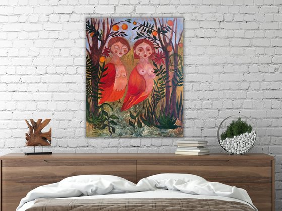 Sirens Art Modern Woman Nude, Bird Woman, canvas, oil - Garden guards 90x75 cm