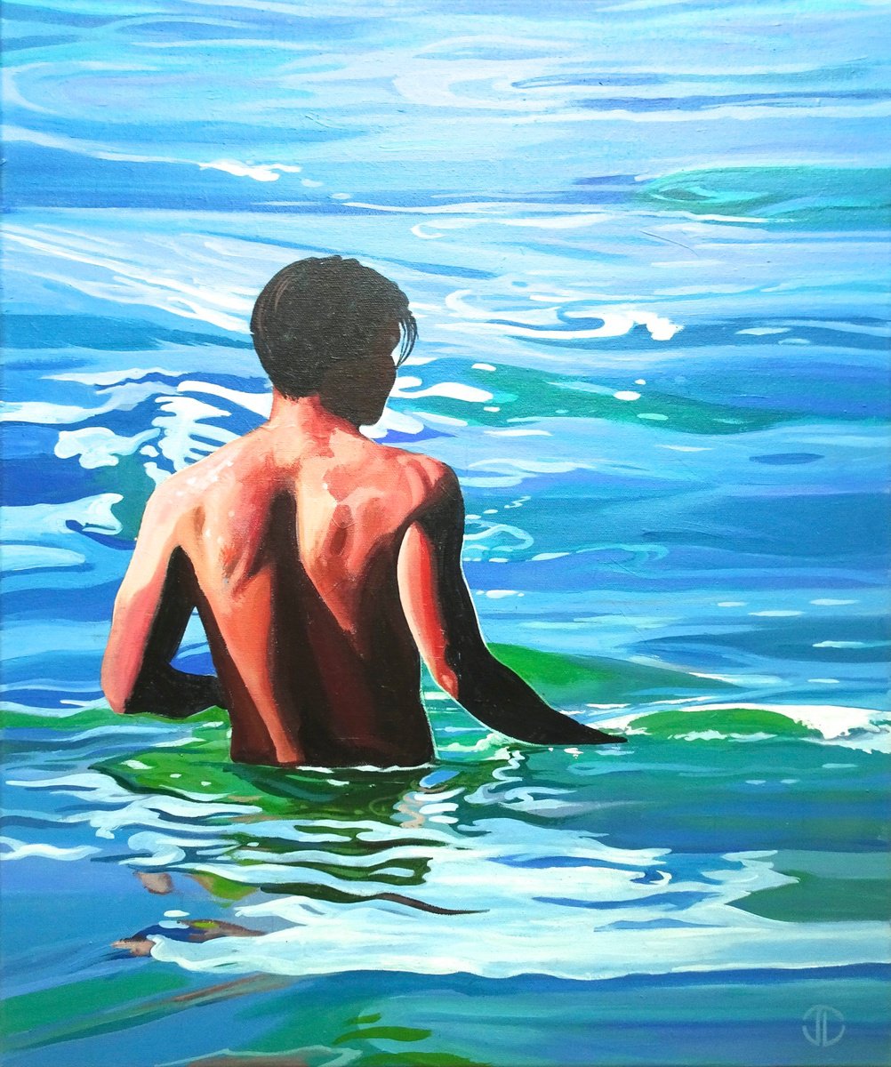 Impressionistic Portrait Acrylic Painting By Joseph Lynch, 20 X 24, Sunshine And Cool Reflections, Original Artwork