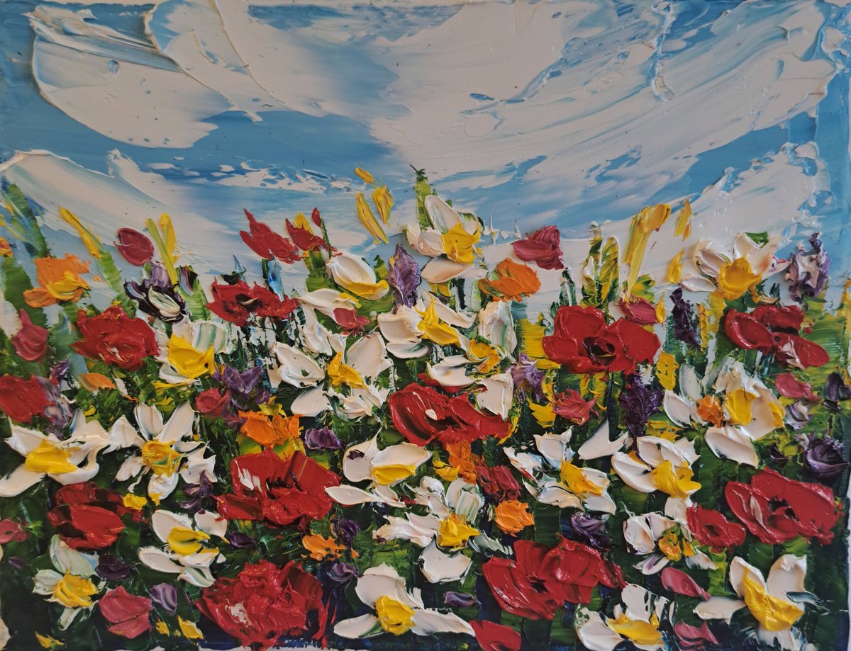 Impressionistic Botanical Oil Painting By Oksana Fedorova, 12 X 10", Flowers At The Meadow., Original Artwork