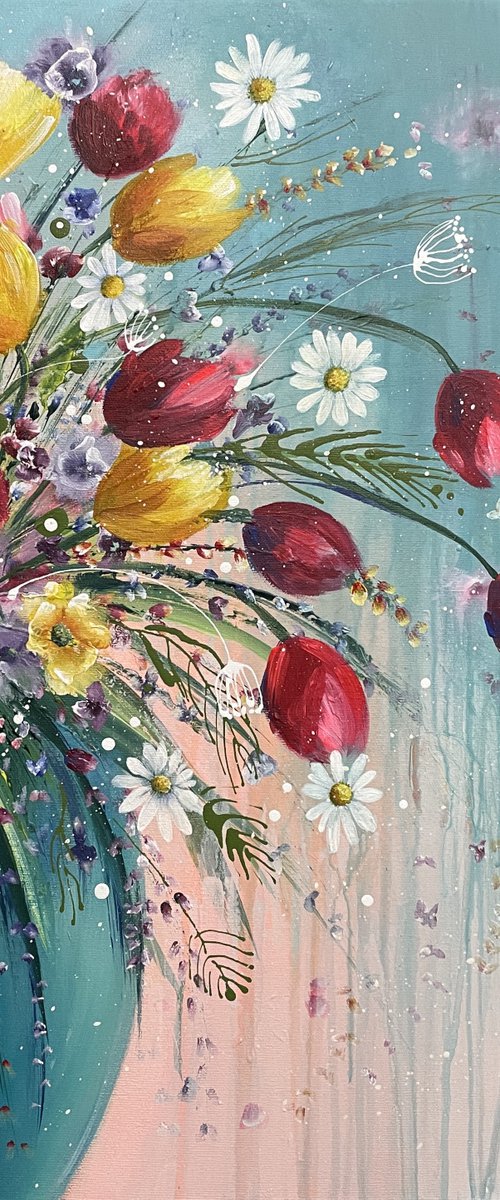 Jade vase with tulips and daisies by Emma Sian Pritchard