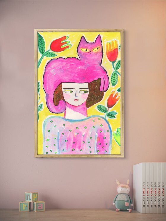 Cat lady with pink cat on head folk art