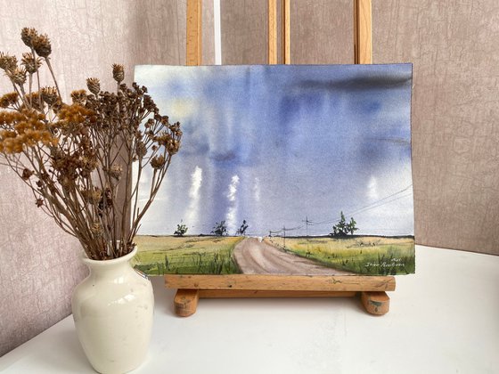 Thunderstorm over the road gift for her original art, decor for business, medium formar