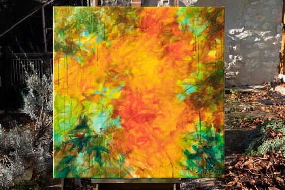 The four seasons : autumn symphony - ORIGINAL PAINTING One of a kind modern floral - contemporary nature - decorative abstract Orange green turquoise teal colorful joyful joyous