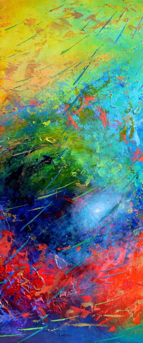 Turquoise, yellow, red and gold abstract - Rainbow Rain by Lisa Mann