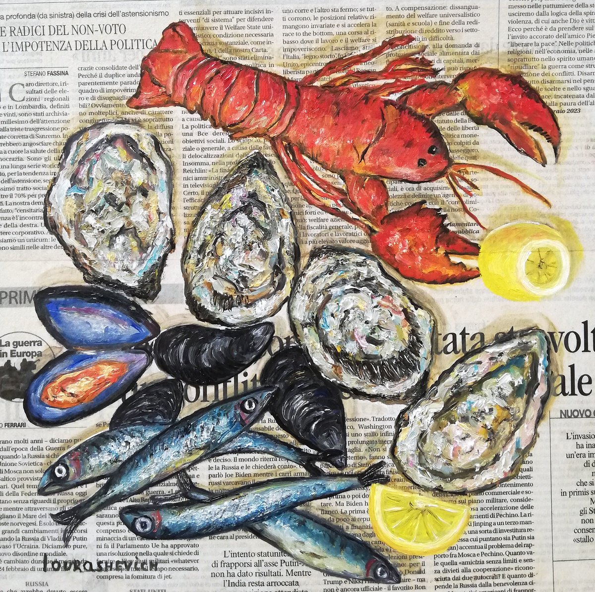 Seafood on Newspaper Original Oil on Canvas Board 12 by 12 inches (30x30 cm) by Katia Ricci