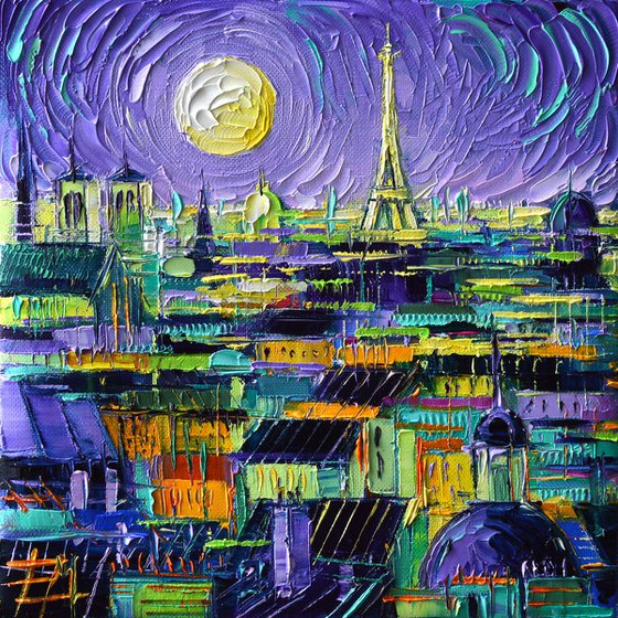 PARIS PURPLE NIGHT Original Impasto Palette knife Oil Painting Stylized Cityscape Mona Edulesco
