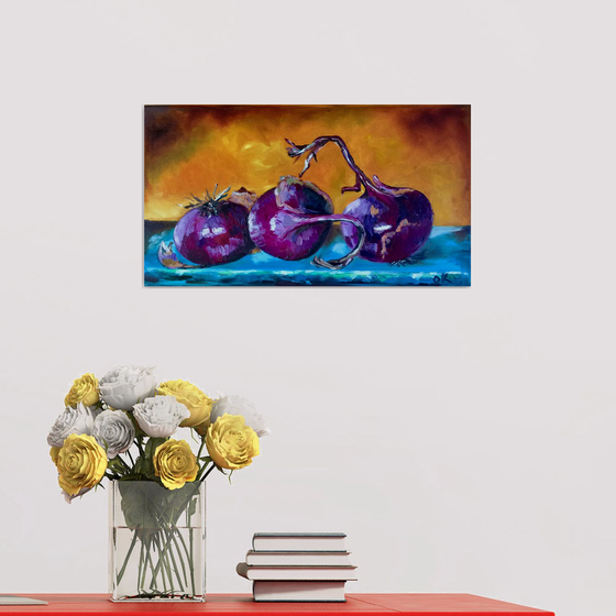 STILL LIFE WITH  RED ONIONS HOME DECOR purple blue and yellow