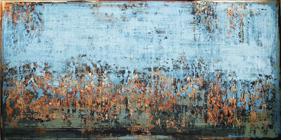 PALE BLUE SKY - 80 x 160 CM - TEXTURED ACRYLIC PAINTING ON CANVAS * BLUE - GREEN * GOLD