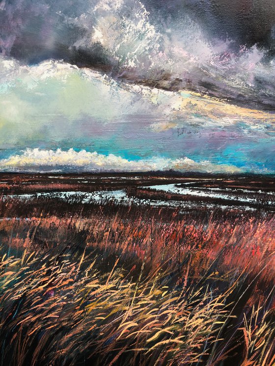 'Storm Across The East Marshes' Large Moody Landscape Oil Painting