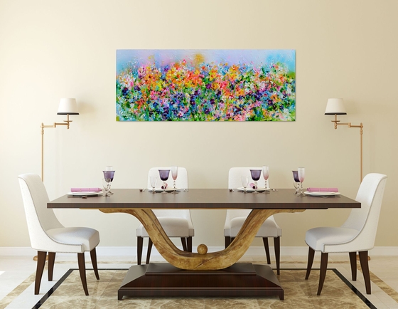 I've Dreamed 23 - Colorful Spring Floral Painting, Daffodils, Pansies, Snow Drops, Primroses - 150x60 cm, Palette Knife Modern Ready to Hang Floral Painting - Flowers Field Acrylics Painting