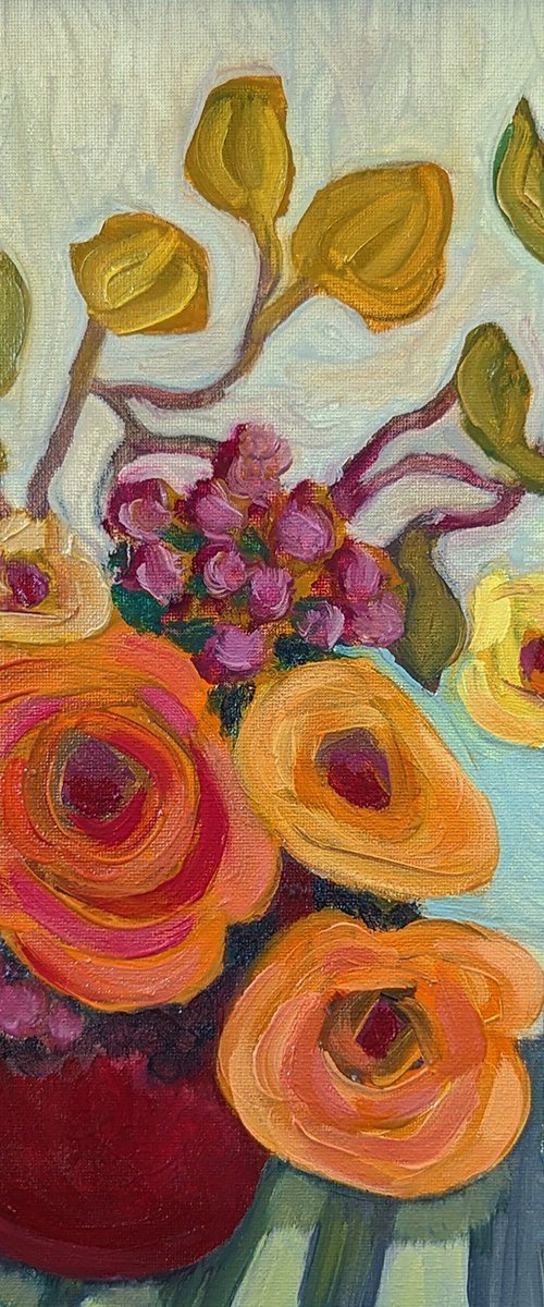 Bouquet on the striped tablecloth. by Veta  Barker