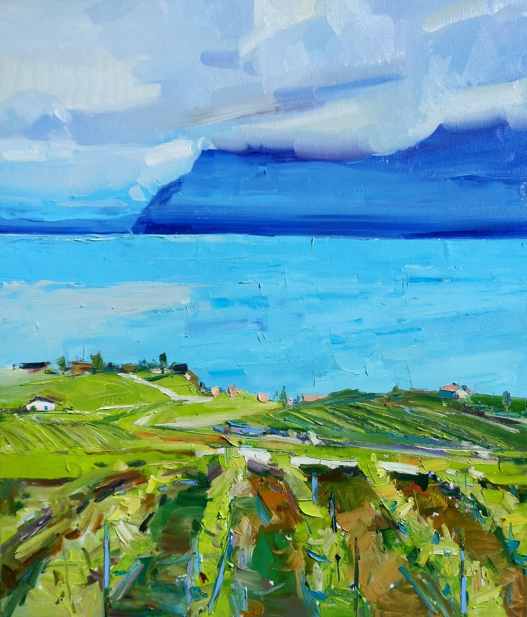 Impressionistic Landscape Oil Painting By Yehor Dulin, 26 X 30", "Vineyards In The Mountains ", Original Artwork