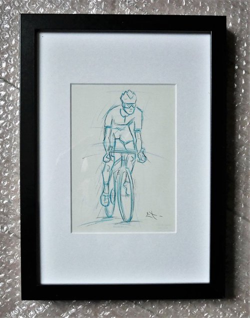Esquisse crayon bleu et encre, Cycliste, Encadré 24 x 32 cm by Lionel Le Jeune