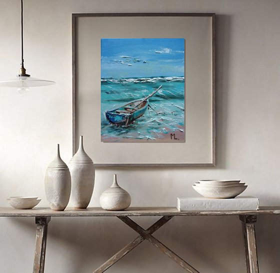 "IN PARADISE  " SHIP BOAT SAIL original painting palette knife GIFT MODERN URBAN ART OFFICE ART DECOR HOME DECOR GIFT IDEA