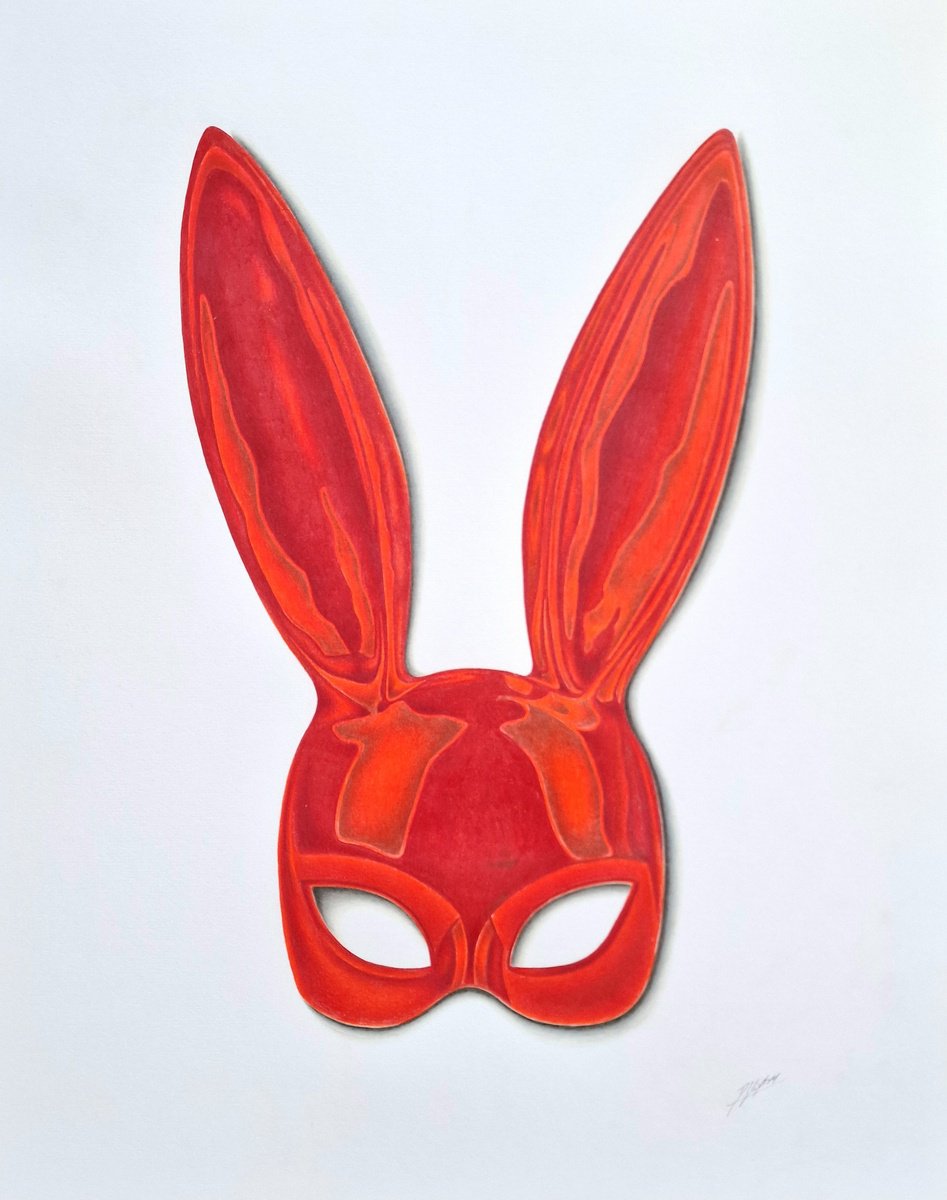 Urban And Pop Still Life Pencil Drawing By Daniel Shipton, 16 X 20, Latex Bunny Mask Red, Original Artwork