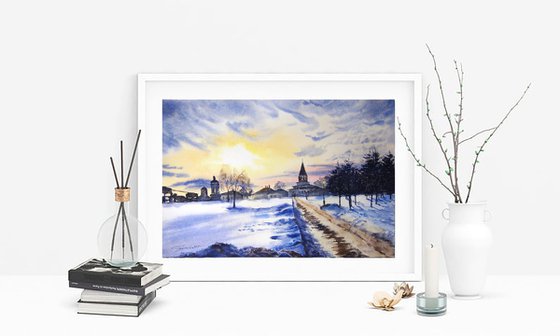 Winter landscape watercolor