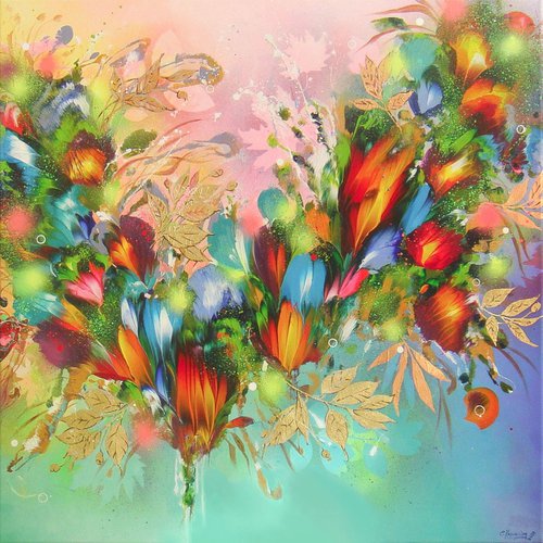 39.4” Summer Flower Melodies Large Painting by Irini Karpikioti