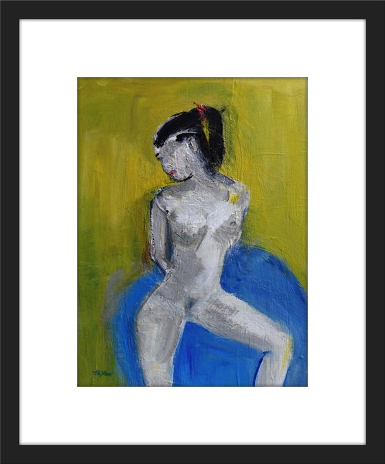 SUBTLE NUDE FEMALE, RED RIBBON, on BLUE.