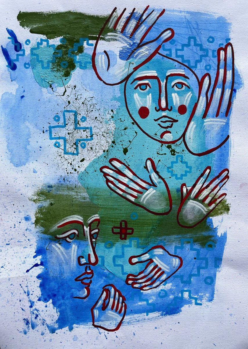 Abstract Portrait Acrylic Painting By Yuliia Chaika, 12 X 16", Abstract Blue Painting, Original Artwork