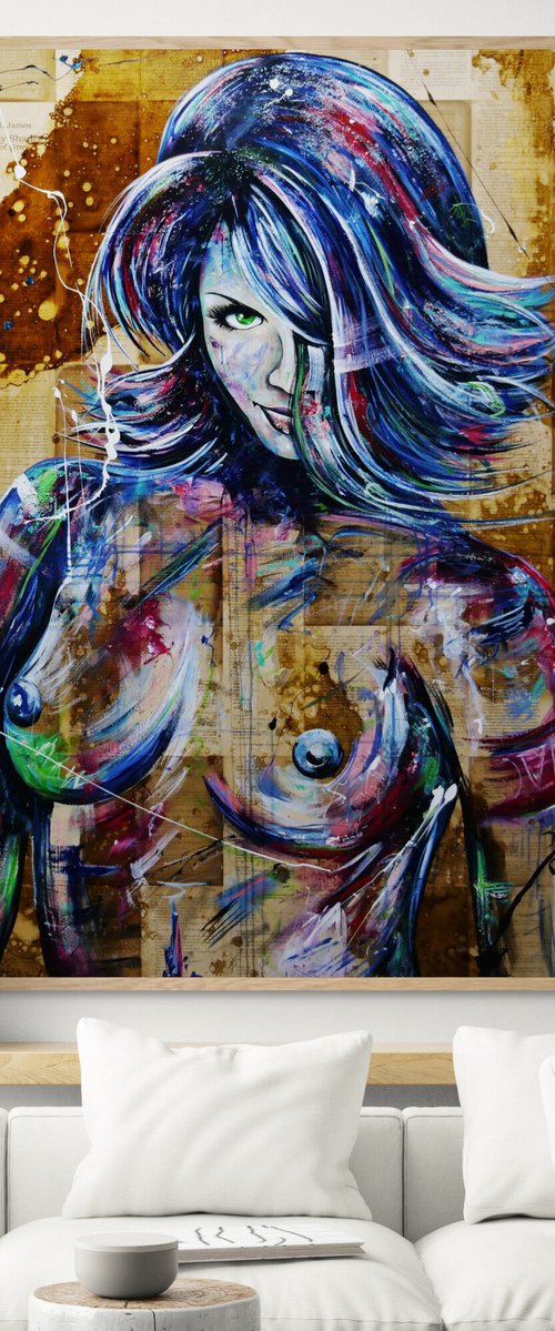 Lime Vixen 140cm x 100cm Sexy Nude Book Page Abstract Realism Art by Franko