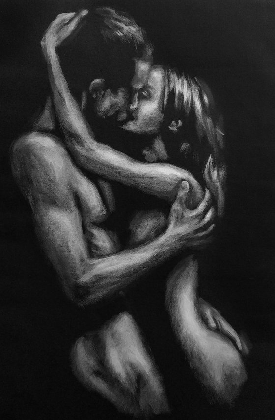 Kisses Erotic Art Couple Naked Man and Woman Black and Silver Decor