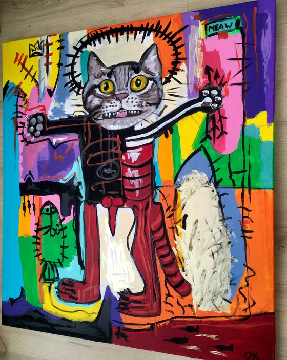 Red Cat Troy King, (102 x 91cm, 40 x 36 inches ) version of painting by Jean-Michel Basquiat  Untitled GLOW IN THE  DARK