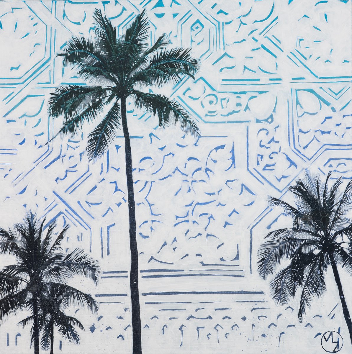 Urban And Pop Botanical Painting By Maria Al Zoubi, 25 X 25", Veil Of Palms, Original Artwork