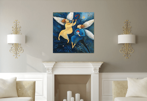 ANGELS OF PEACE – large figurative artwork (COMMISSION), blue wall art.