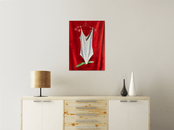GET DRESSED - oil painting on canvas original gift feminism red silver body green cucumber original gift home decor pop art office interior