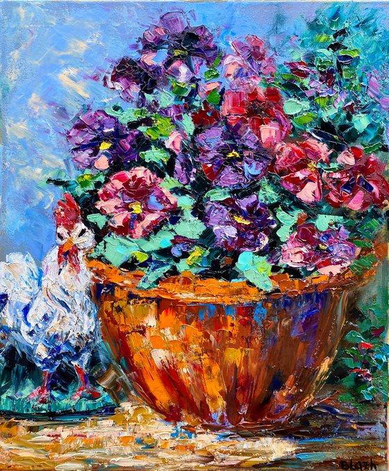 Country Life, 50*60, impressionistic oil still life garden flowers painting with impasto texture