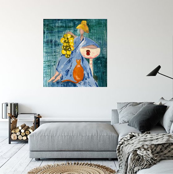 Woman with Cat Painting