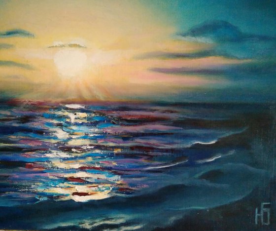 Southern sunset, Seascape Painting Ocean Original Art Night Sky Artwork Sunset Wall Art 45x35 cm ready to hang.