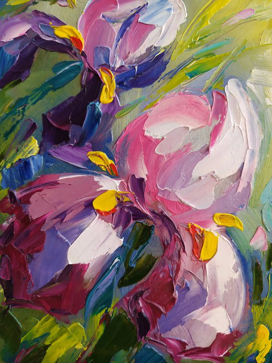 Irises in the garden - flowers, oil painting, irises flowers, gift idea, gift for woman