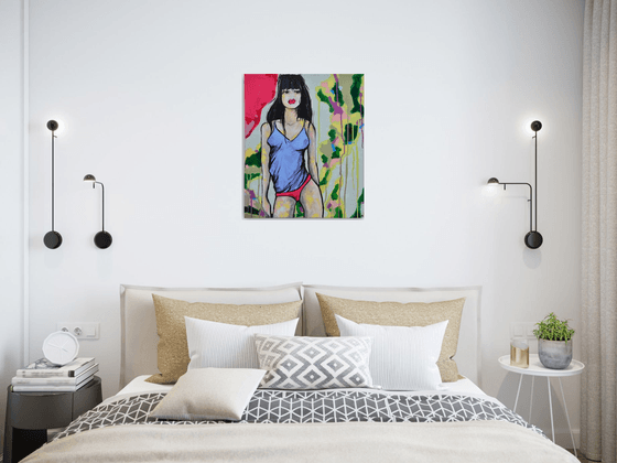 Green Loving Hot Peppers Girl - Original Modern Painting Art on Canvas Ready To Hang