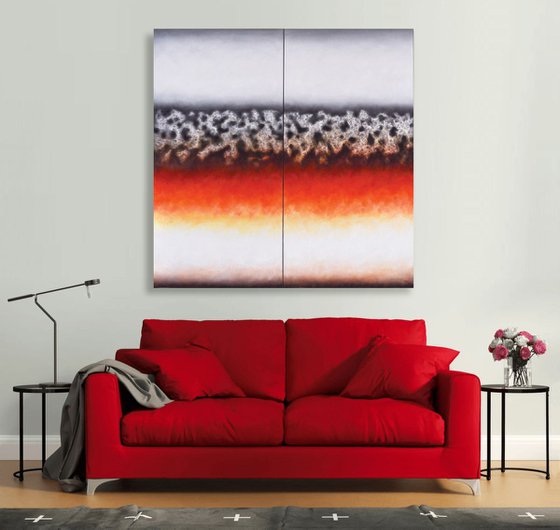 120×120 Diptych White/Black/Red/Silver Large Abstract Wall Decor Oil Painting
