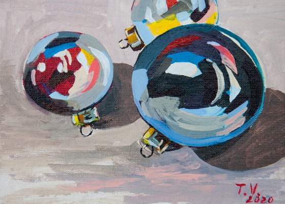 Christmas silver balls. Acrylic painting. Small Art 6 x 6 in.