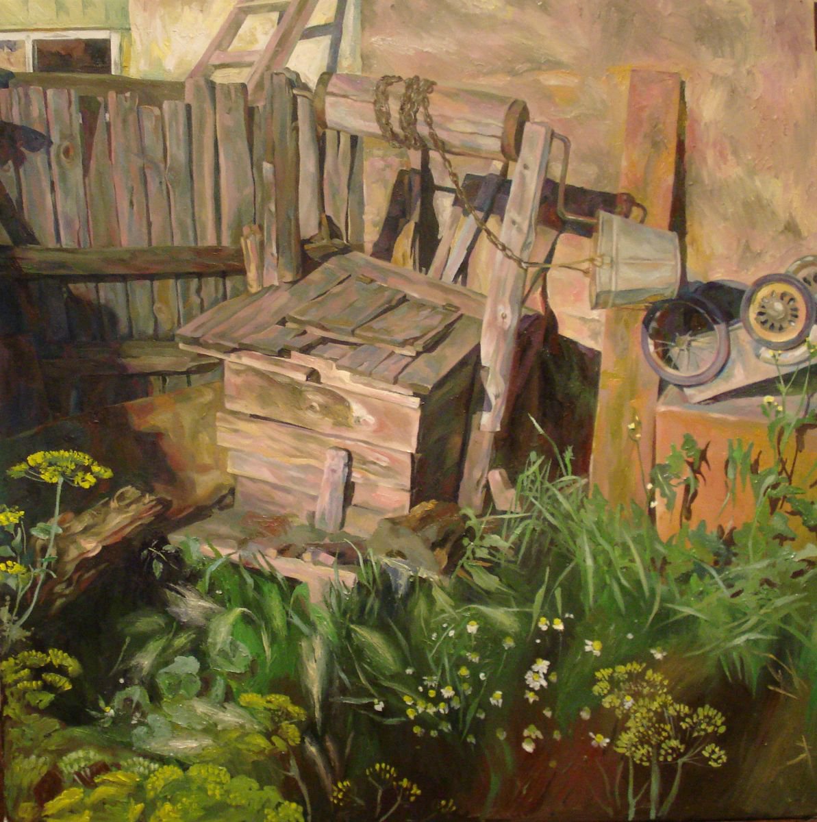 Impressionistic Landscape Oil Painting By Natalia Sidorina, 28 X 28", Old Well, Original Artwork