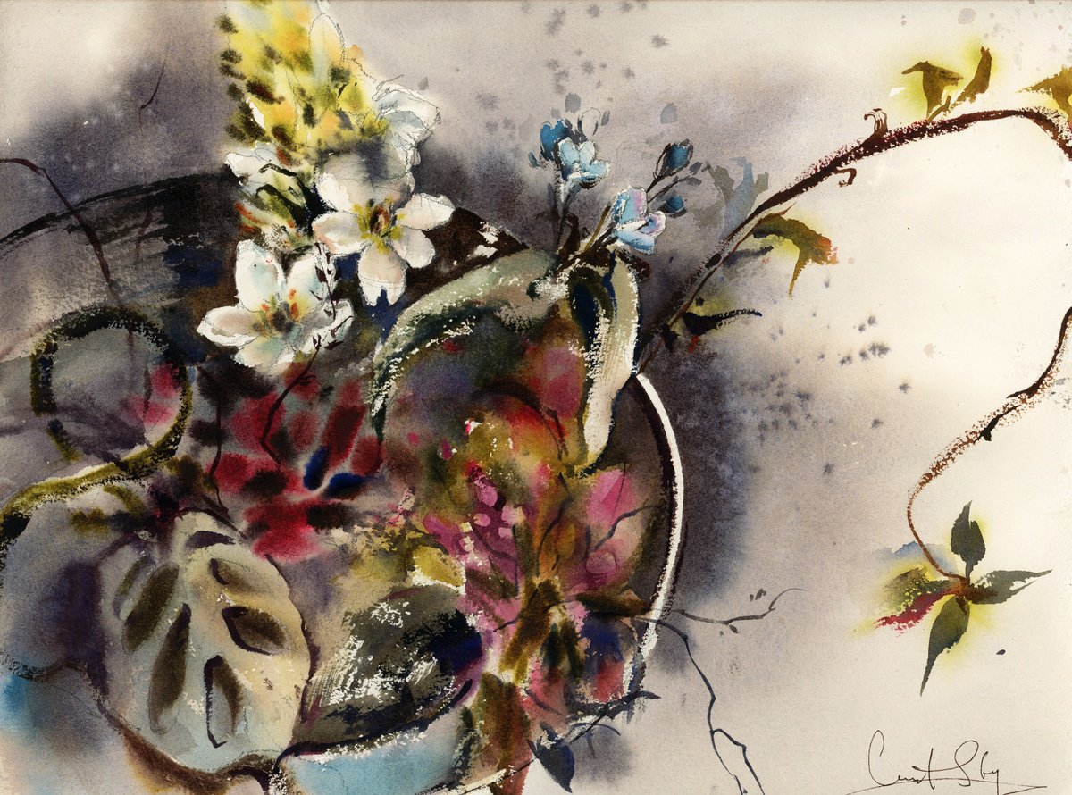 Impressionistic Watercolour , Florals In Japanese Vase By Sophie Rodionov, 16 X 12, Artwork For Sale On Artfinder