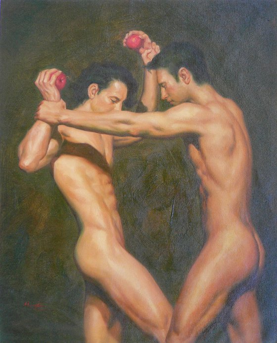 ORIGINAL CLASSICAL REALISM OIL PAINTING ART MALE NUDE  MEN  APPLE ON CANVAS #11-11-01