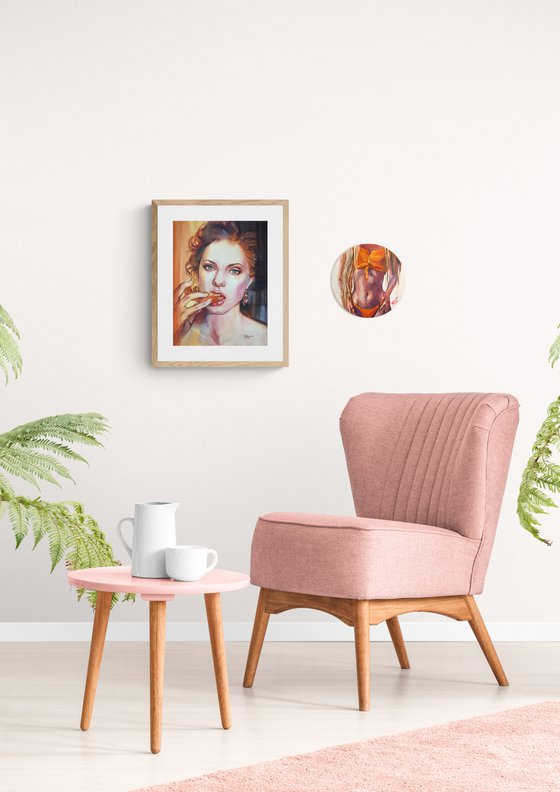 Girl in an orange swimsuit. Portrait of a woman. Girl on the beach