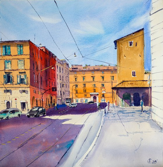 Rome street. Light and shadow with city view. Medium format watercolor urban landscape italy sea bright architecture old travel